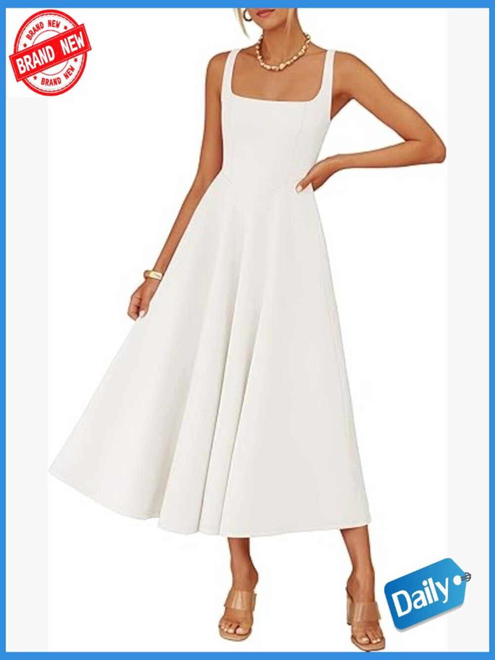 Sleeveless Midi Dress Square Neck Flowy with Pockets Summer Wedding Guest